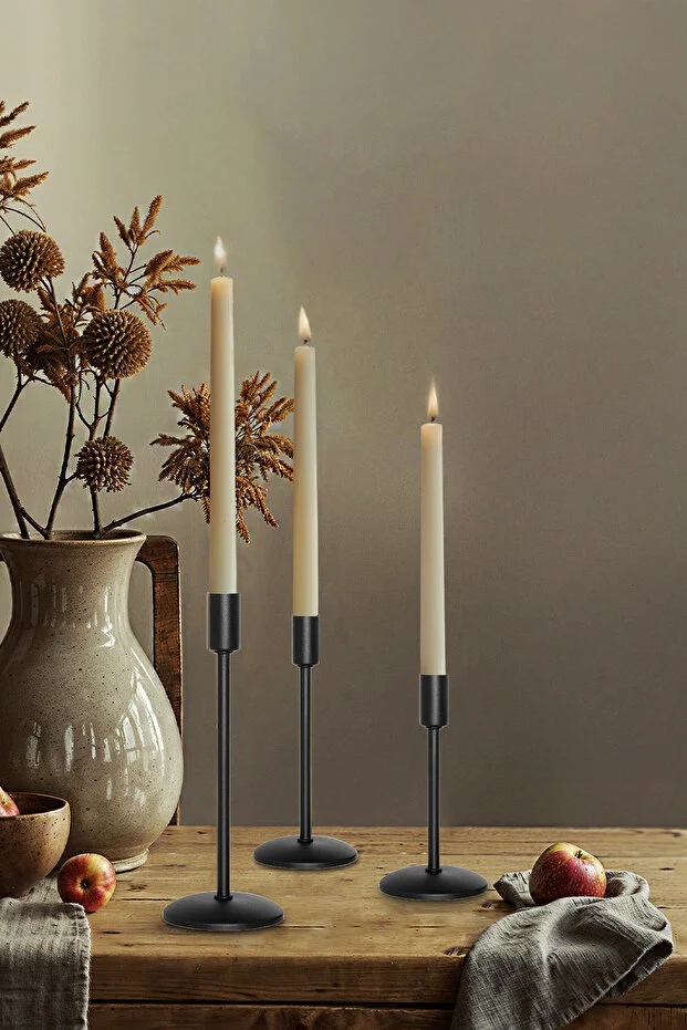 3'lü Üçlü Siyah Şamdan Mumluk Dekoratif Ev Dekorasyon Paslanmaz